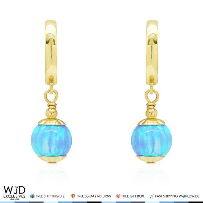 14K Yellow Gold 7mm Sky Blue Fire Opal Ball Huggie Hoop Dangle Earrings