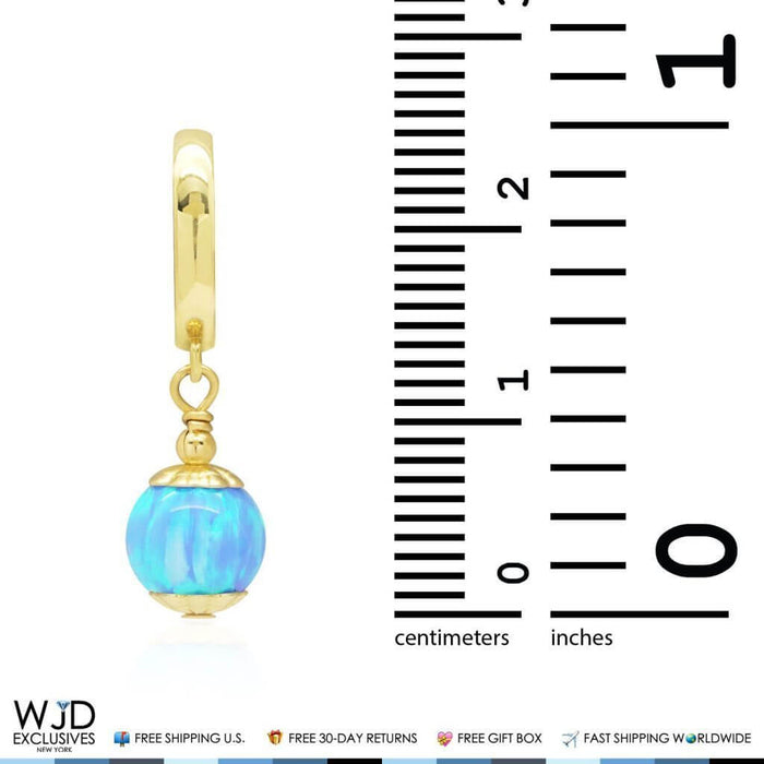 14K Yellow Gold 7mm Sky Blue Fire Opal Ball Huggie Hoop Dangle Earrings