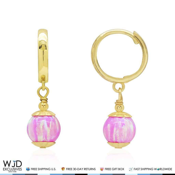 14K Yellow Gold 7mm Pink Fire Opal Ball Huggie Hoop Dangle Earrings