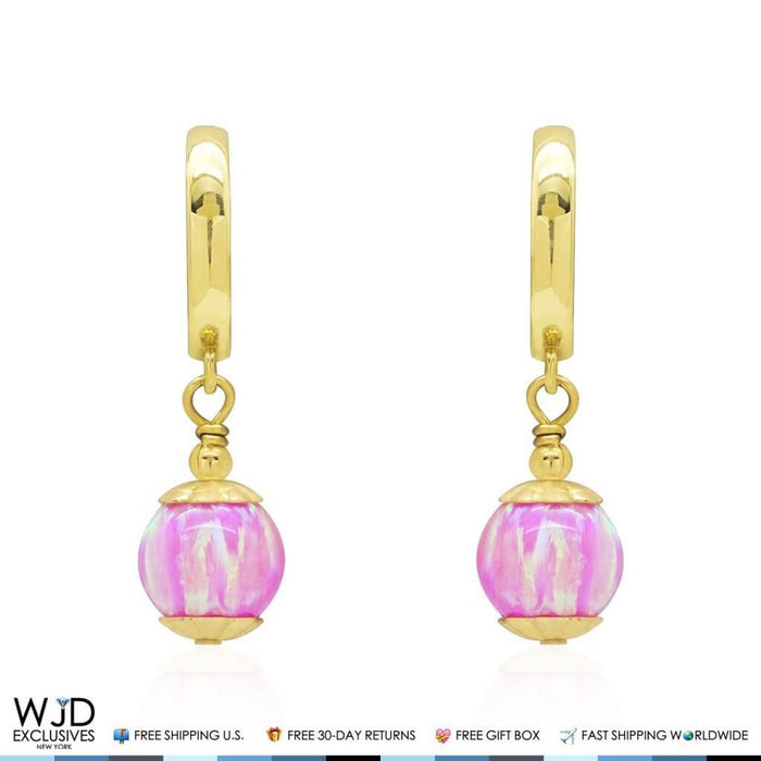 14K Yellow Gold 7mm Pink Fire Opal Ball Huggie Hoop Dangle Earrings