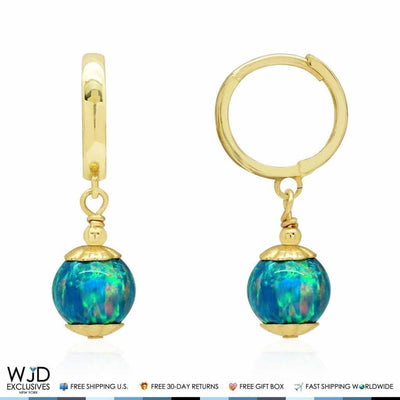14K Yellow Gold 7mm Green Fire Opal Ball Huggie Hoop Dangle Earrings