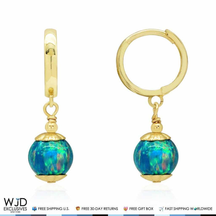 14K Yellow Gold 7mm Green Fire Opal Ball Huggie Hoop Dangle Earrings