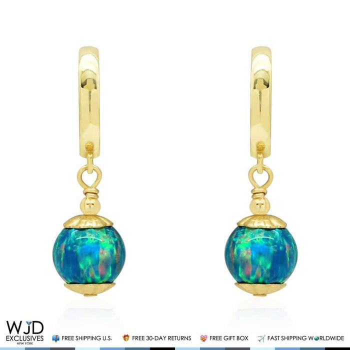 14K Yellow Gold 7mm Green Fire Opal Ball Huggie Hoop Dangle Earrings