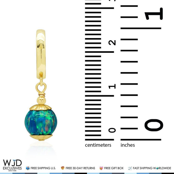 14K Yellow Gold 7mm Green Fire Opal Ball Huggie Hoop Dangle Earrings