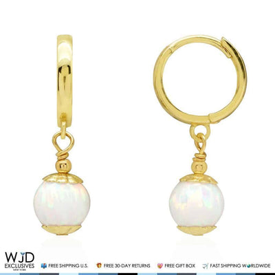 14K Yellow Gold White Fire Opal Ball Huggie Hoop Dangle Earrings 7mm