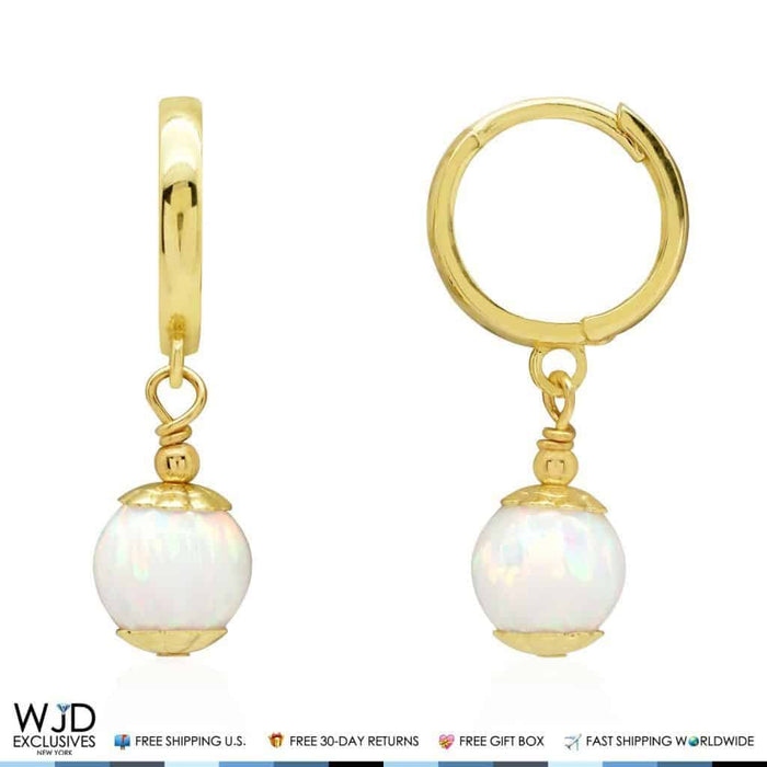 14K Yellow Gold White Fire Opal Ball Huggie Hoop Dangle Earrings 7mm