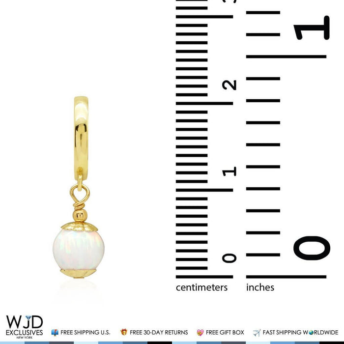 14K Yellow Gold White Fire Opal Ball Huggie Hoop Dangle Earrings 7mm