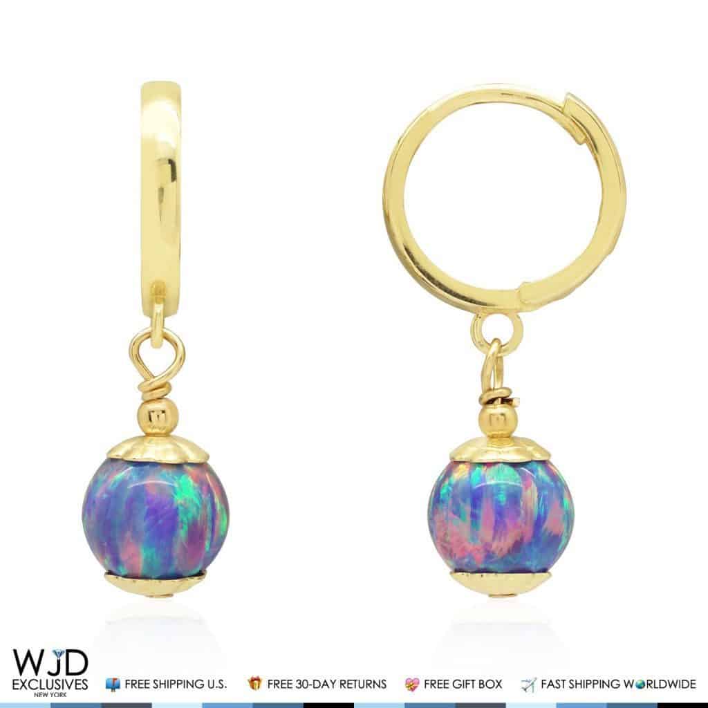 14K Solid Yellow Gold Purple Fire Opal Ball Huggie Hoop Dangle Earrings 7mm