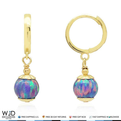 14K Yellow Gold Purple Fire Opal Ball Huggie Hoop Dangle Earrings 7mm