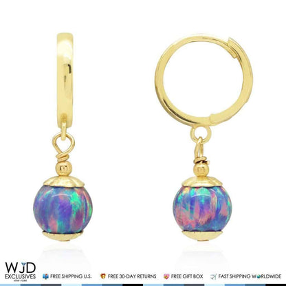 14K Solid Yellow Gold Purple Fire Opal Ball Huggie Hoop Dangle Earrings 7mm