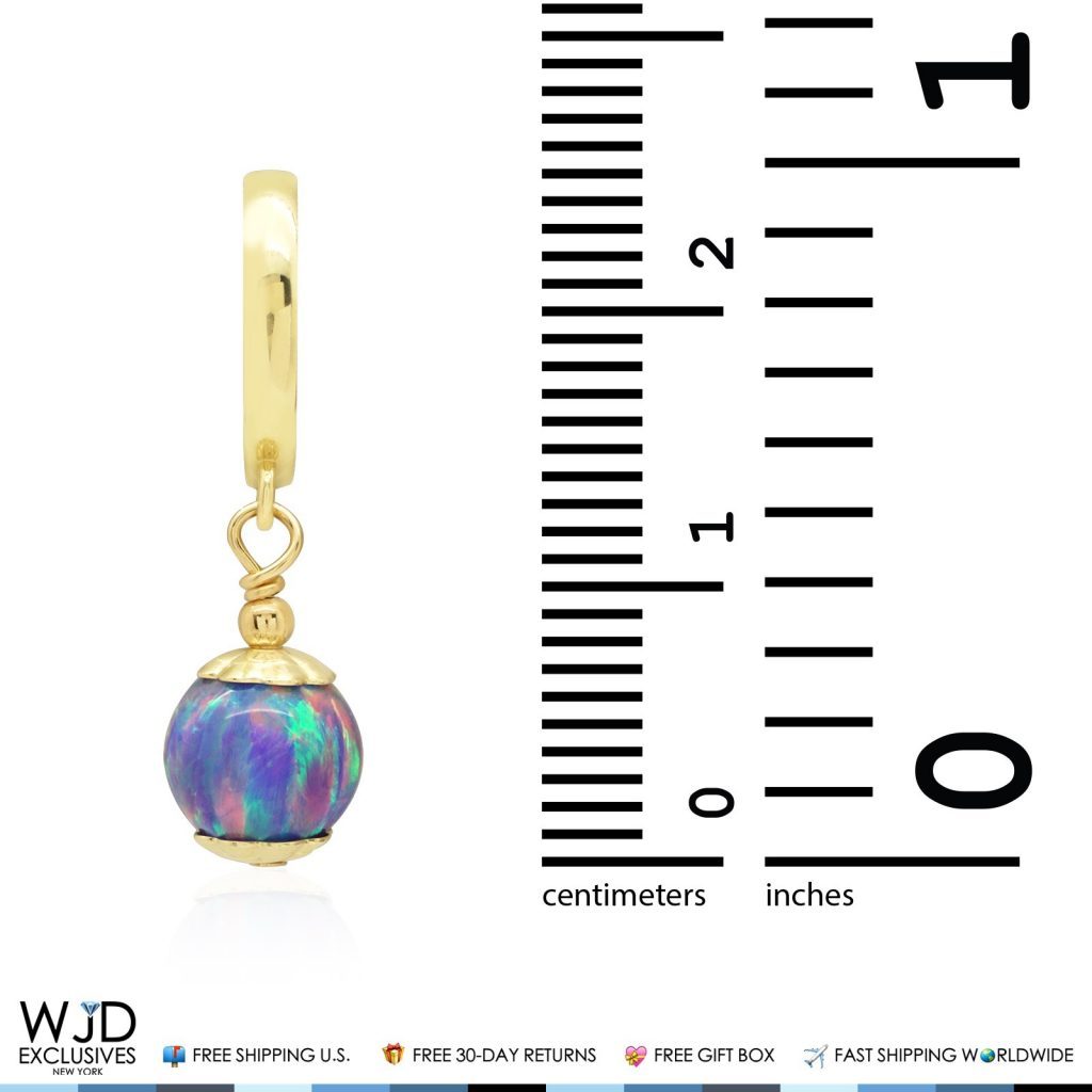 14K Solid Yellow Gold Purple Fire Opal Ball Huggie Hoop Dangle Earrings 7mm