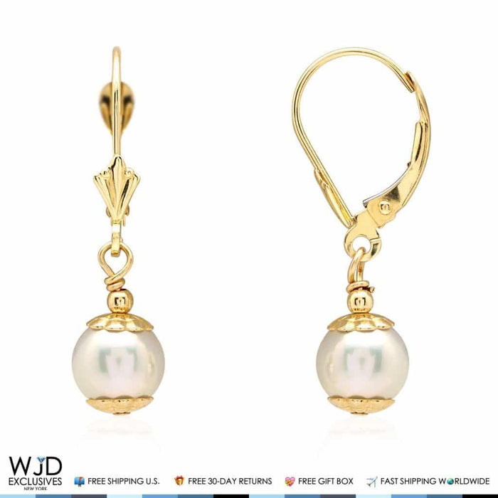 14k Yellow Gold Dangle 7mm Freshwater Pearl Leverback Earrings