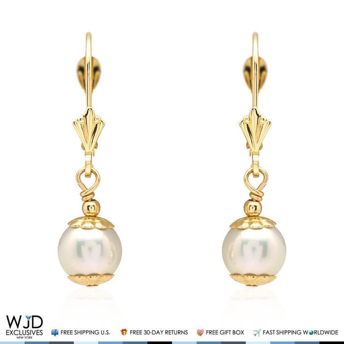 14k Yellow Gold Dangle 7mm Freshwater Pearl Leverback Earrings