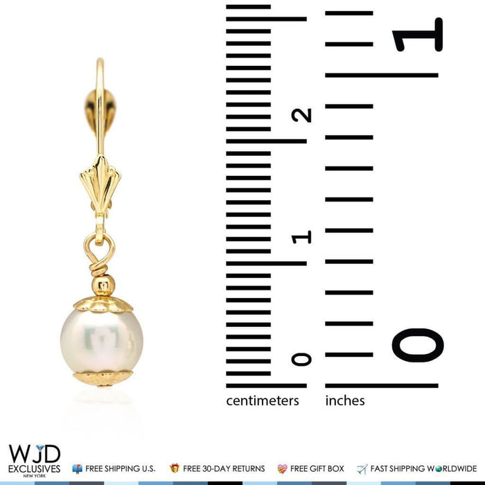 14k Yellow Gold Dangle 7mm Freshwater Pearl Leverback Earrings