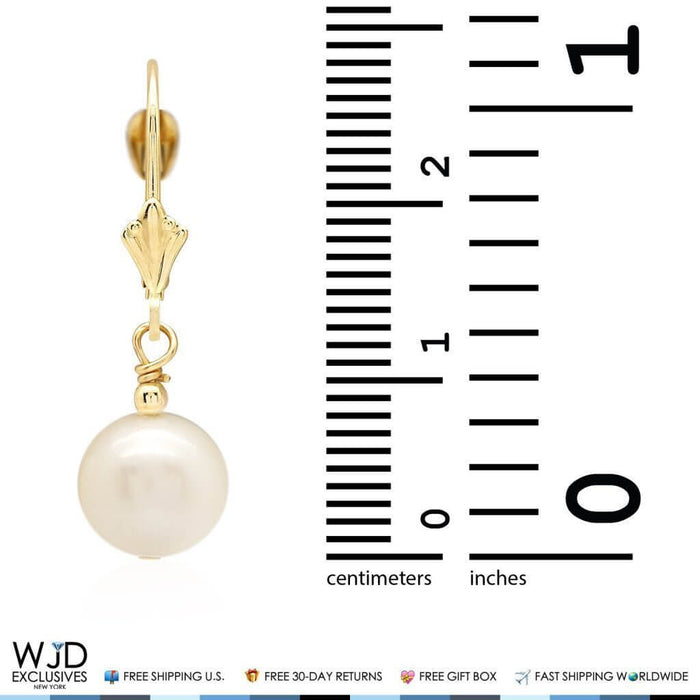 14K Yellow Gold Freshwater Pearl Dangle Leverback Earrings 9mm