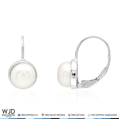 14K White Gold Freshwater Pearl Bezel Set Leverback Earrings