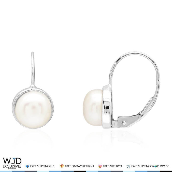 14K White Gold Freshwater Pearl Bezel Set Leverback Earrings