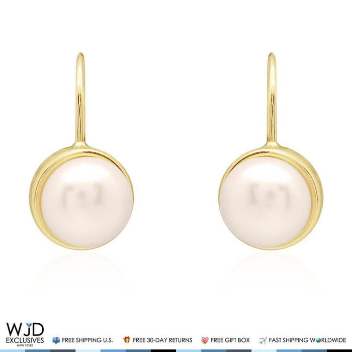 14K Yellow Gold Freshwater Pearl Bezel Set Leverback Earrings
