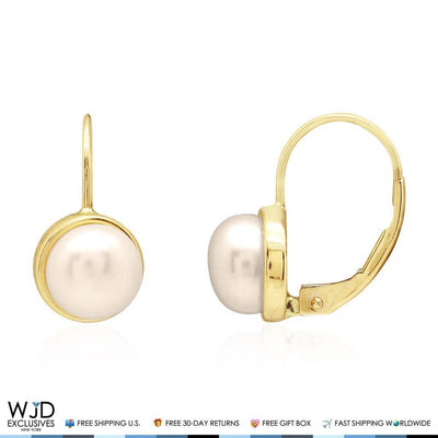 14K Yellow Gold Freshwater Pearl Bezel Set Leverback Earrings