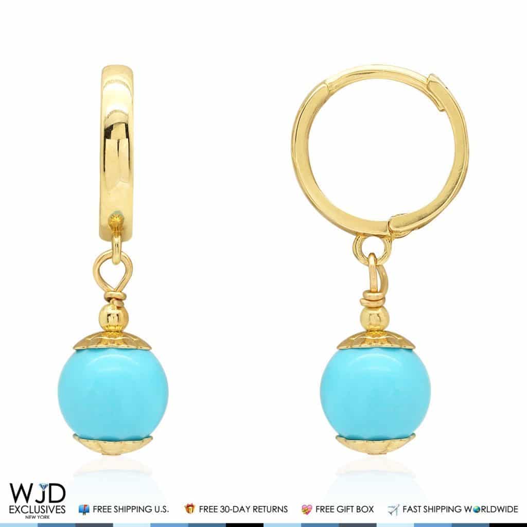 14K Yellow Gold Turquoise Ball Huggie Hoop Dangle Earrings 7mm