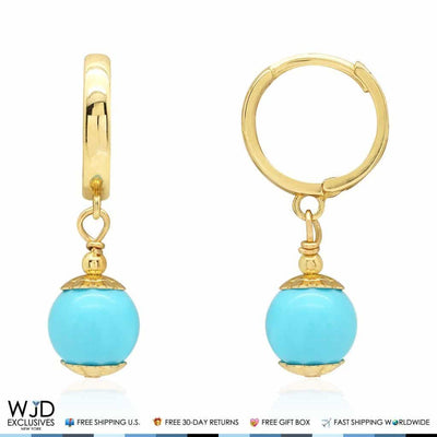 14K Yellow Gold Turquoise Ball Huggie Hoop Dangle Earrings 7mm