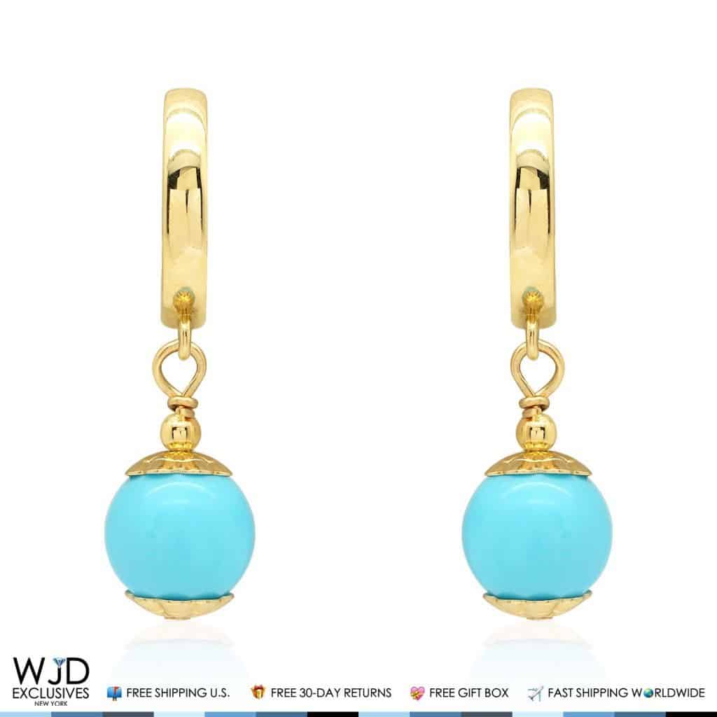 14K Yellow Gold Turquoise Ball Huggie Hoop Dangle Earrings 7mm