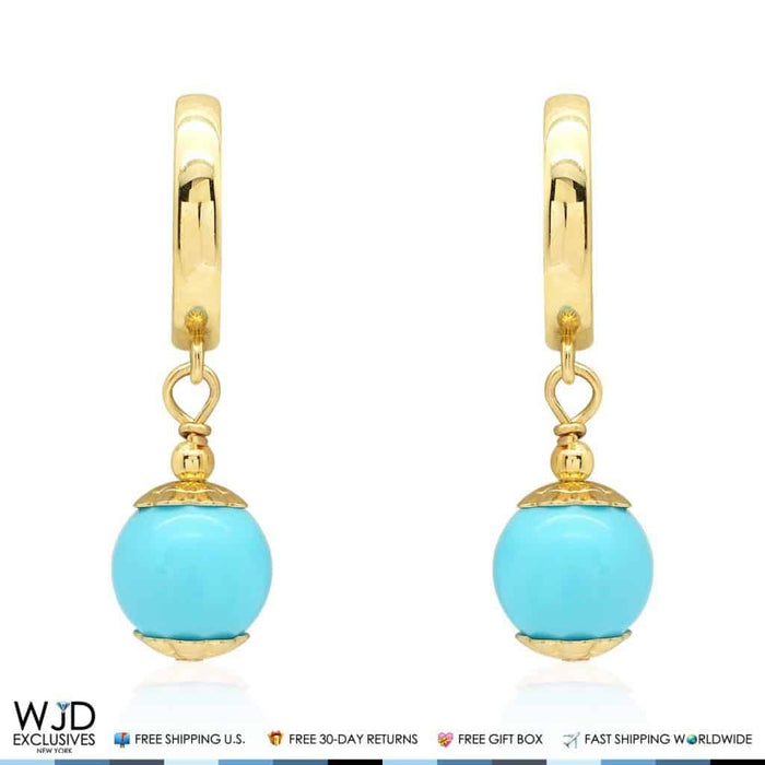 14K Yellow Gold Turquoise Ball Huggie Hoop Dangle Earrings 7mm