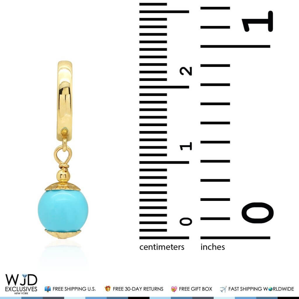 14K Yellow Gold Turquoise Ball Huggie Hoop Dangle Earrings 7mm