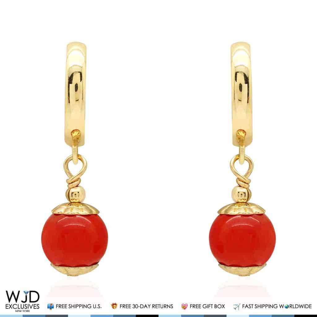 14K Yellow Gold Red Coral Ball Huggie Hoop Dangle Earrings 7mm