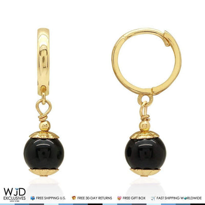 14K Yellow Gold 7mm Onyx Ball Huggie Hoop Dangle Earrings