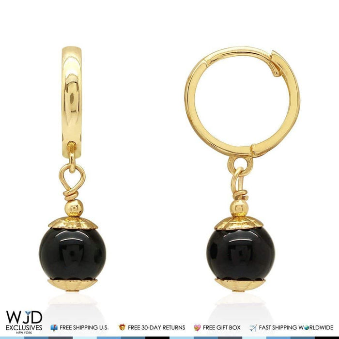 14K Yellow Gold 7mm Onyx Ball Huggie Hoop Dangle Earrings