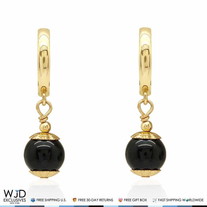14K Yellow Gold 7mm Onyx Ball Huggie Hoop Dangle Earrings
