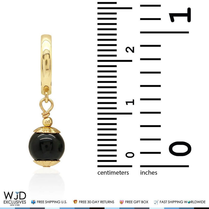 14K Yellow Gold 7mm Onyx Ball Huggie Hoop Dangle Earrings