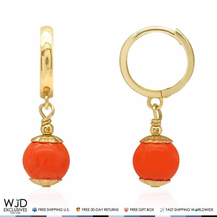 14K Yellow Gold Orange Coral 7mm Ball Huggie Hoop Dangle Earrings
