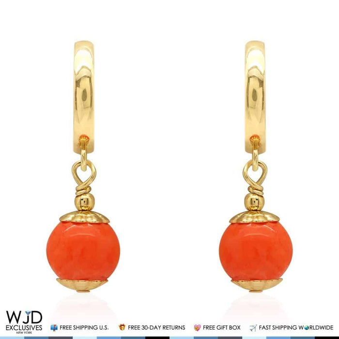 14K Yellow Gold Orange Coral 7mm Ball Huggie Hoop Dangle Earrings