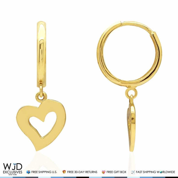 14k Yellow Gold Heart Dangle Drop Huggie Hoop Earrings