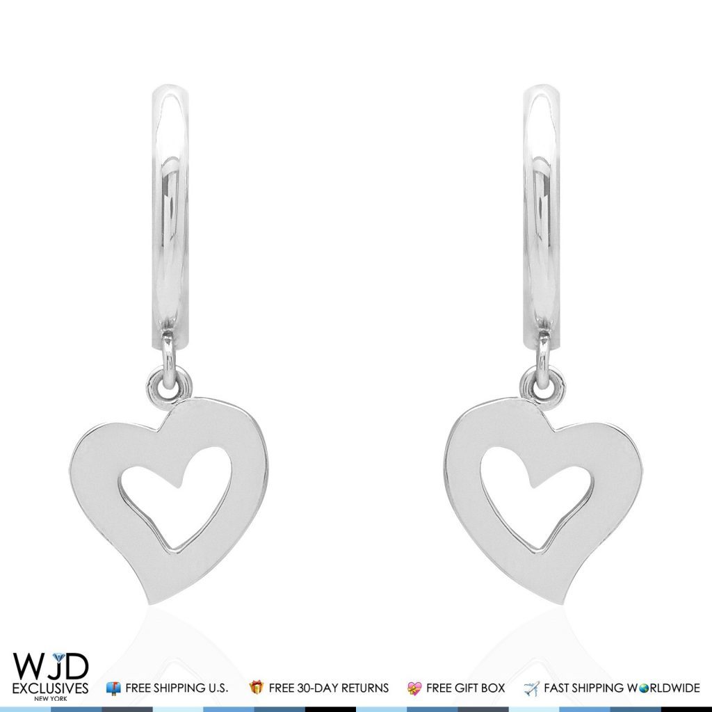 14k Solid White Gold Huggie Hoop Open Heart Dangle Drop Earrings