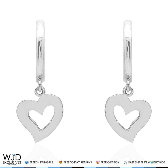 14K White Gold Huggie Hoop Open Heart Dangle Drop Earrings