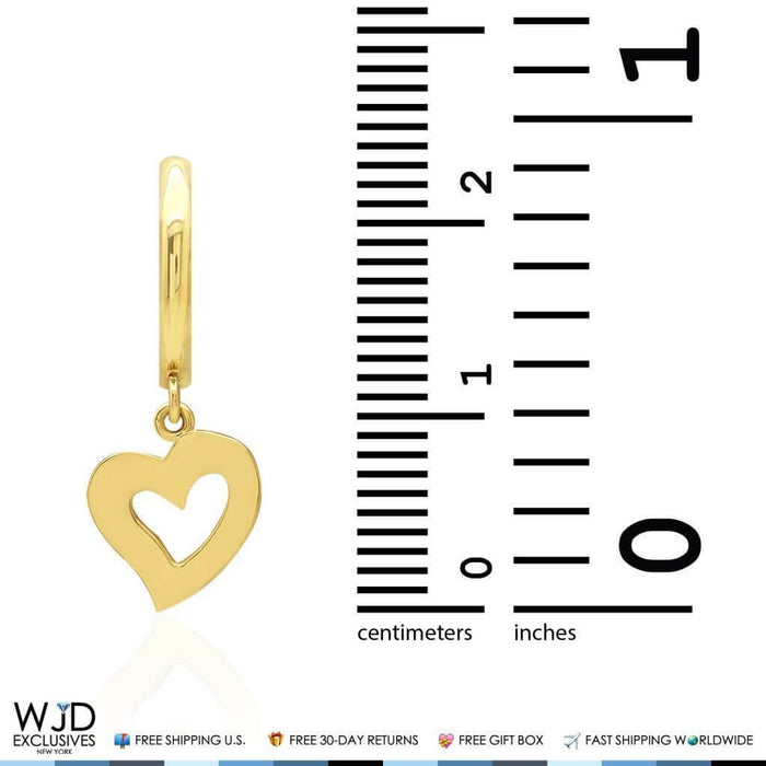 14k Yellow Gold Heart Dangle Drop Huggie Hoop Earrings