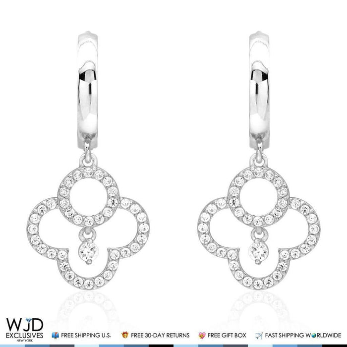 14k White Gold 2.25CTW CZ Quatrefoil Dangle Huggie Hoop Earrings