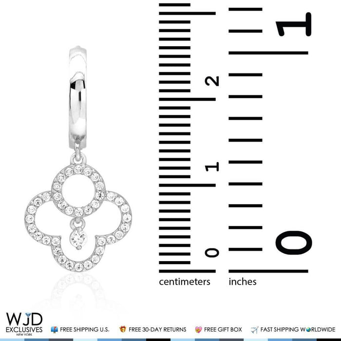 14k White Gold 2.25CTW CZ Quatrefoil Dangle Huggie Hoop Earrings