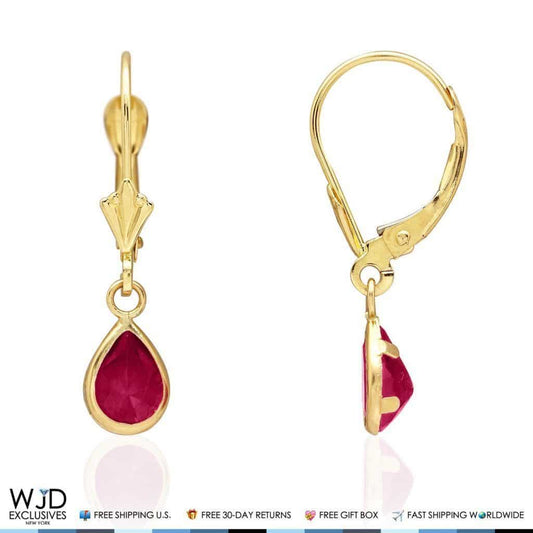 14k Yellow Gold Pear Bezel Simulated Birthstone Teardrop Leverback Earrings 1"