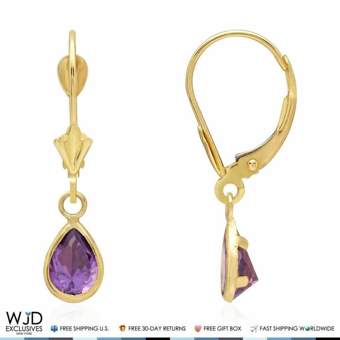 14k Yellow Gold Pear Bezel Birthstone Teardrop Leverback Earrings 1"