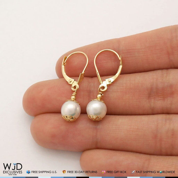 14k Yellow Gold Dangle 7mm Freshwater Pearl Leverback Earrings