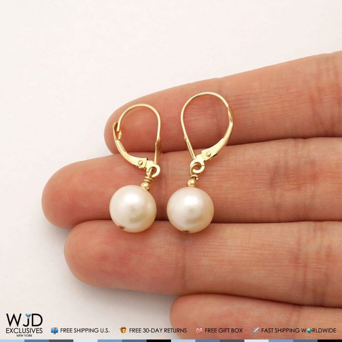 14K Yellow Gold Freshwater Pearl Dangle Leverback Earrings 9mm