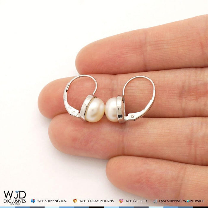 14K White Gold Freshwater Pearl Bezel Set Leverback Earrings