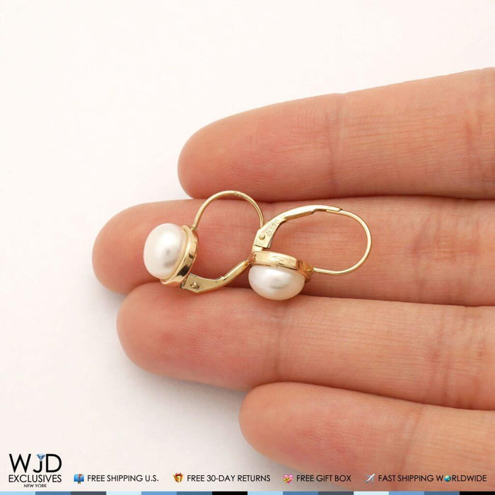 14K Yellow Gold Freshwater Pearl Bezel Set Leverback Earrings