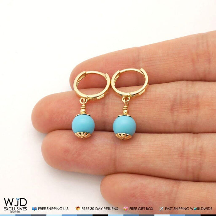 14K Yellow Gold Turquoise Ball Huggie Hoop Dangle Earrings 7mm
