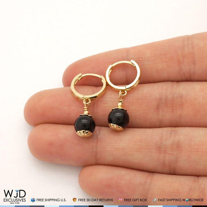 14K Yellow Gold 7mm Onyx Ball Huggie Hoop Dangle Earrings