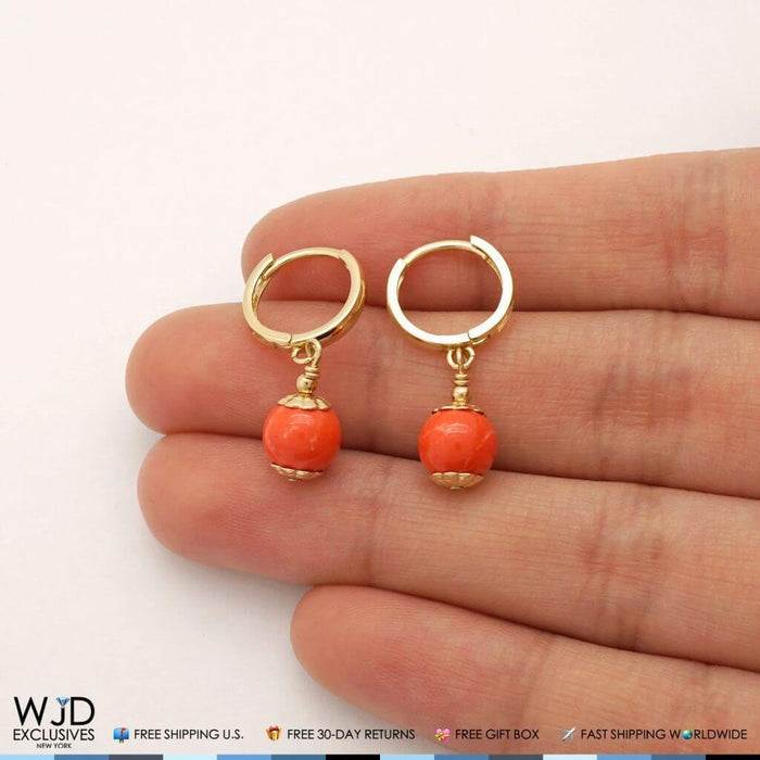 14K Yellow Gold Orange Coral 7mm Ball Huggie Hoop Dangle Earrings